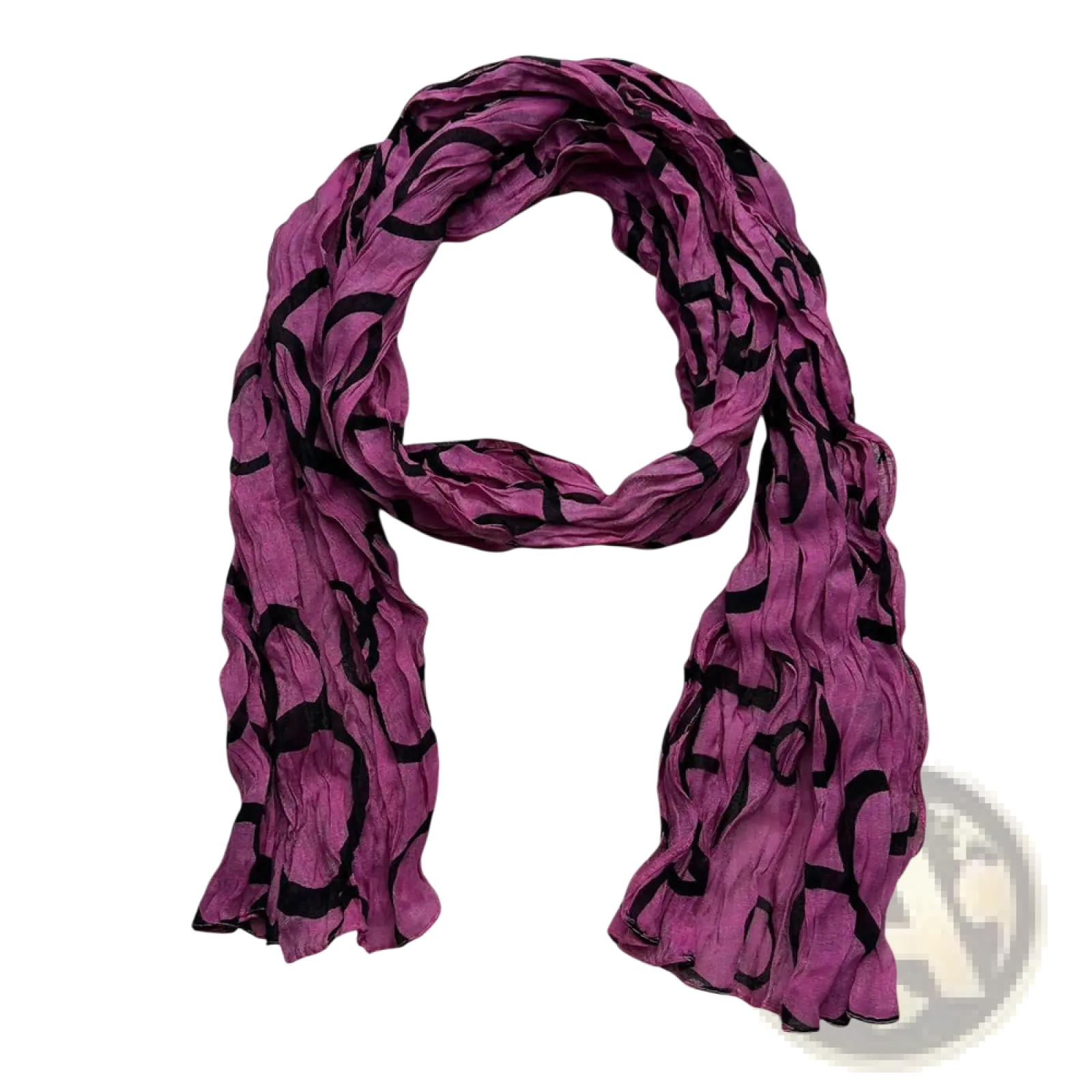 A hot pink crinkle polyester scarf with lightweight flowing fabric and a black abstract pattern