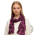 A soft flowing purple polyester scarf with a bold black abstract pattern draped elegantly around the neck