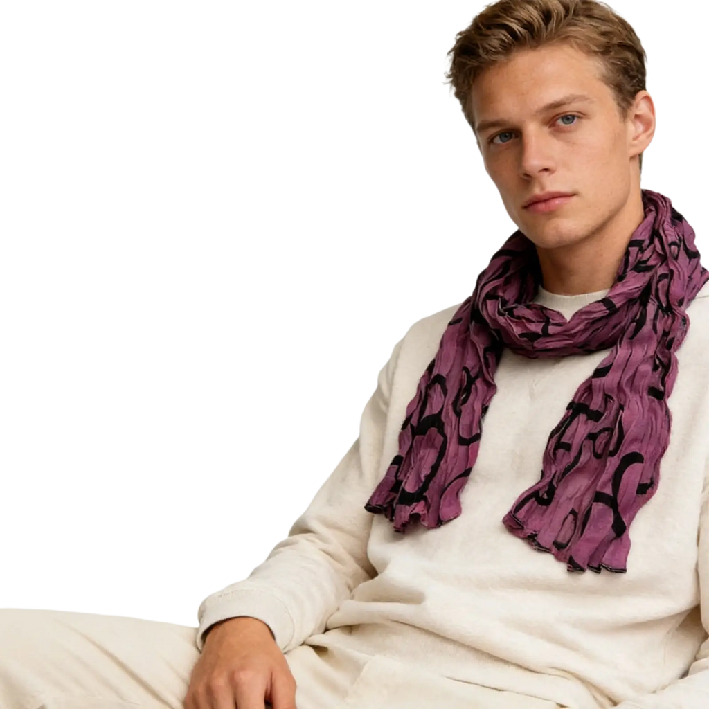 Hot pink crinkle polyester scarf draped around the neck with a soft textured purple fabric and bold black abstract pattern