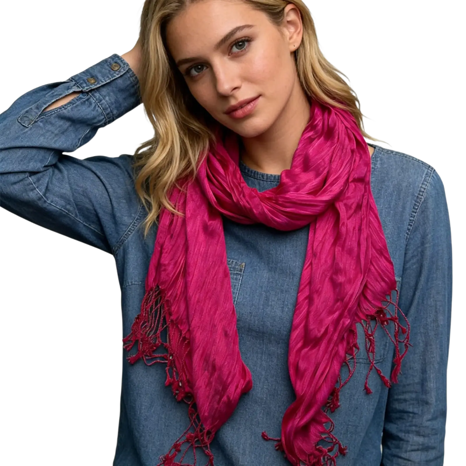 A vibrant hot pink crinkle scarf with soft textured fabric and frayed edges for stylish women accessory