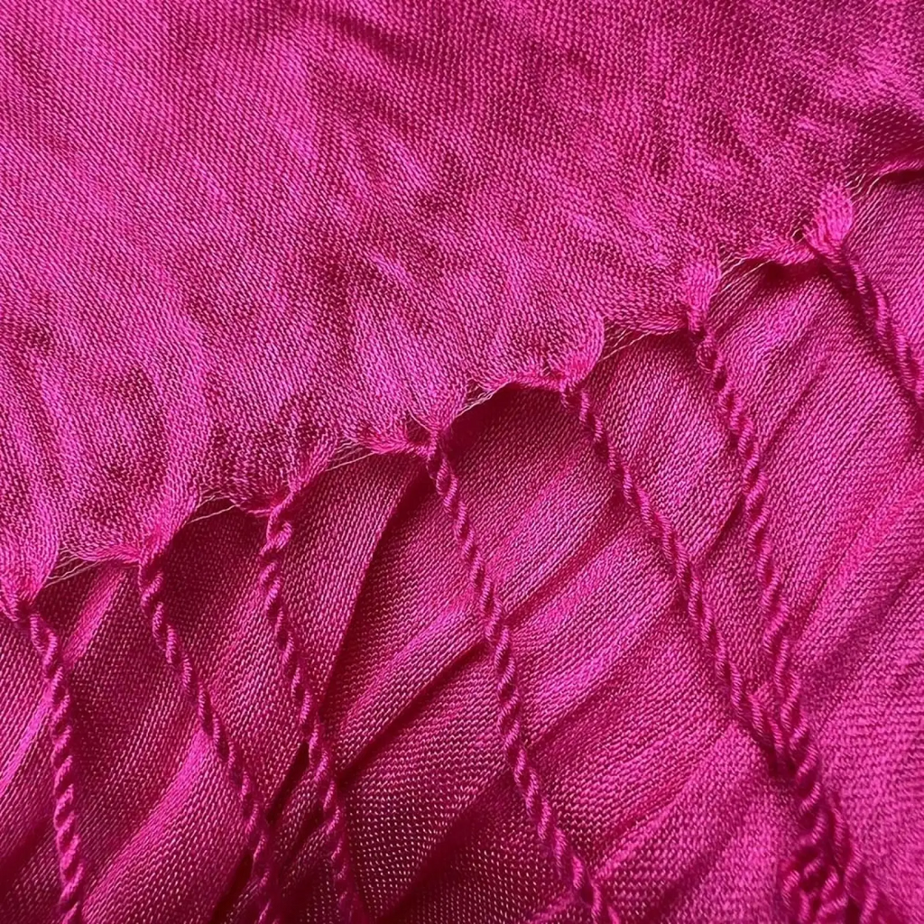 Hot pink crinkle silk scarf with vibrant quilted diamond pattern and frayed edges women accessory