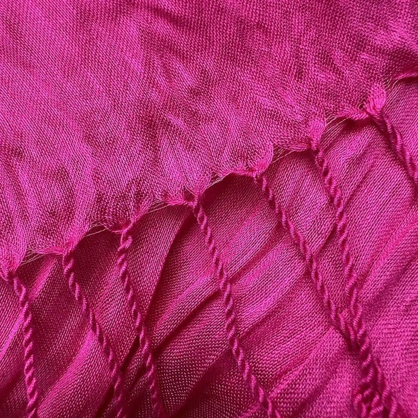 Hot pink crinkle silk scarf with vibrant quilted diamond pattern and frayed edges women accessory