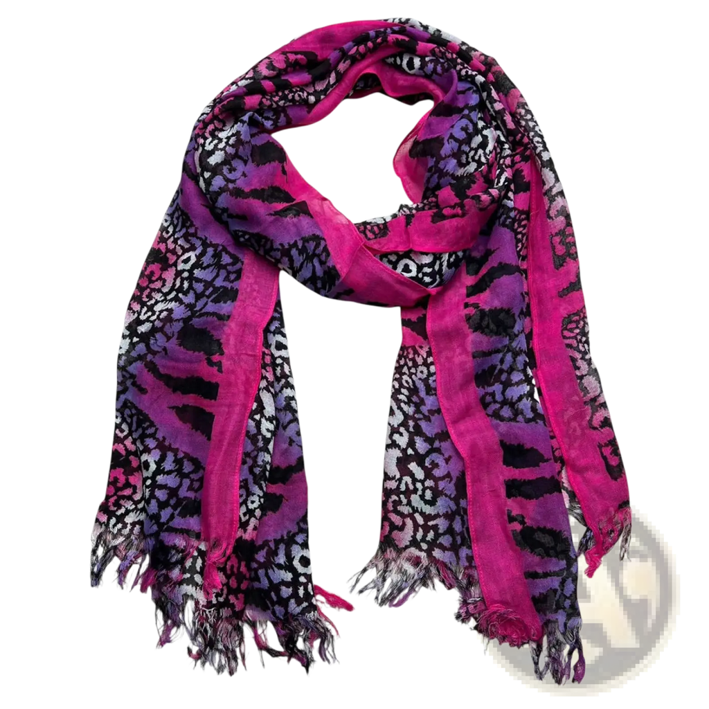 A vibrant hot pink and purple leopard print viscose scarf with frayed edges extra long for versatile wear