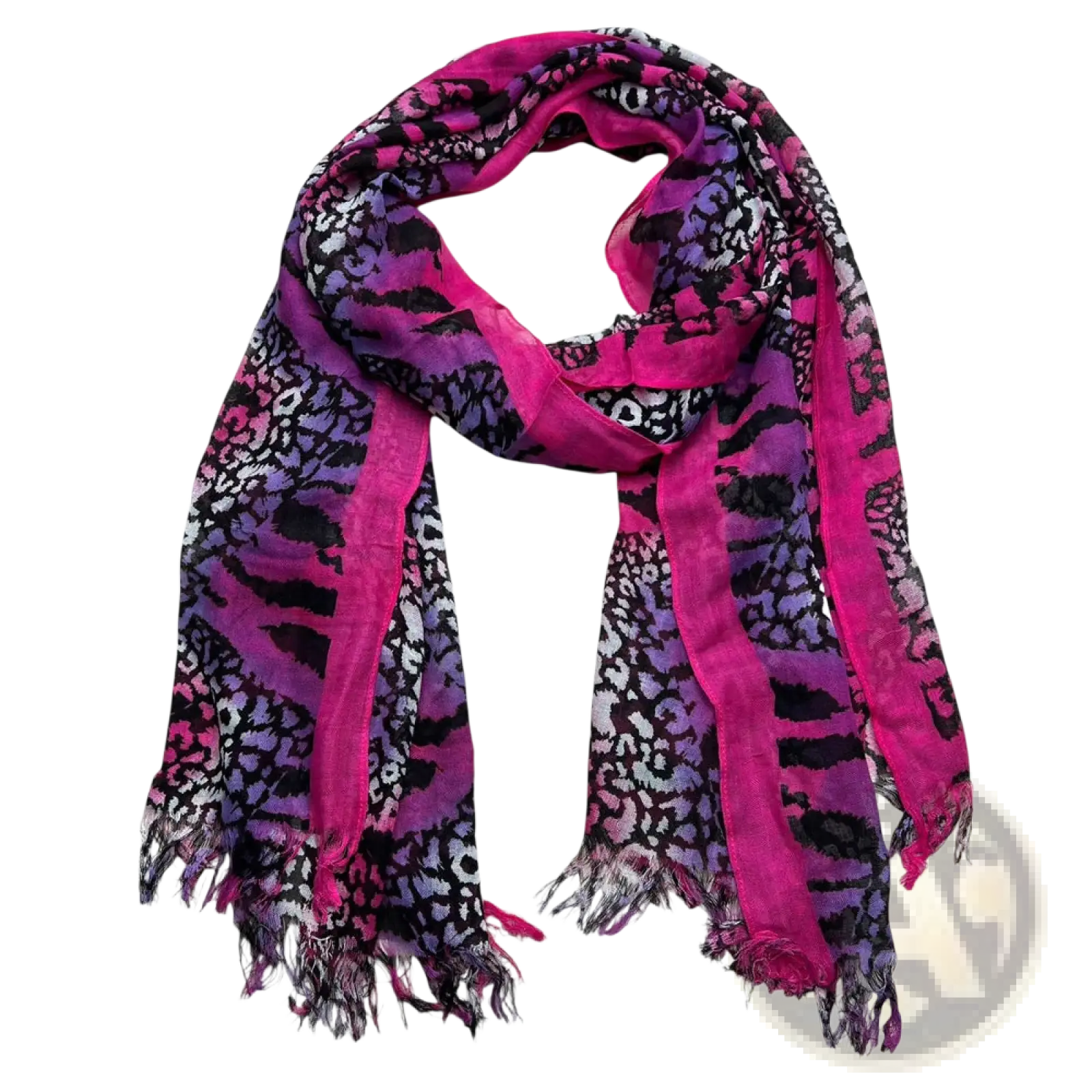 A vibrant hot pink and purple leopard print viscose scarf with frayed edges extra long for versatile wear