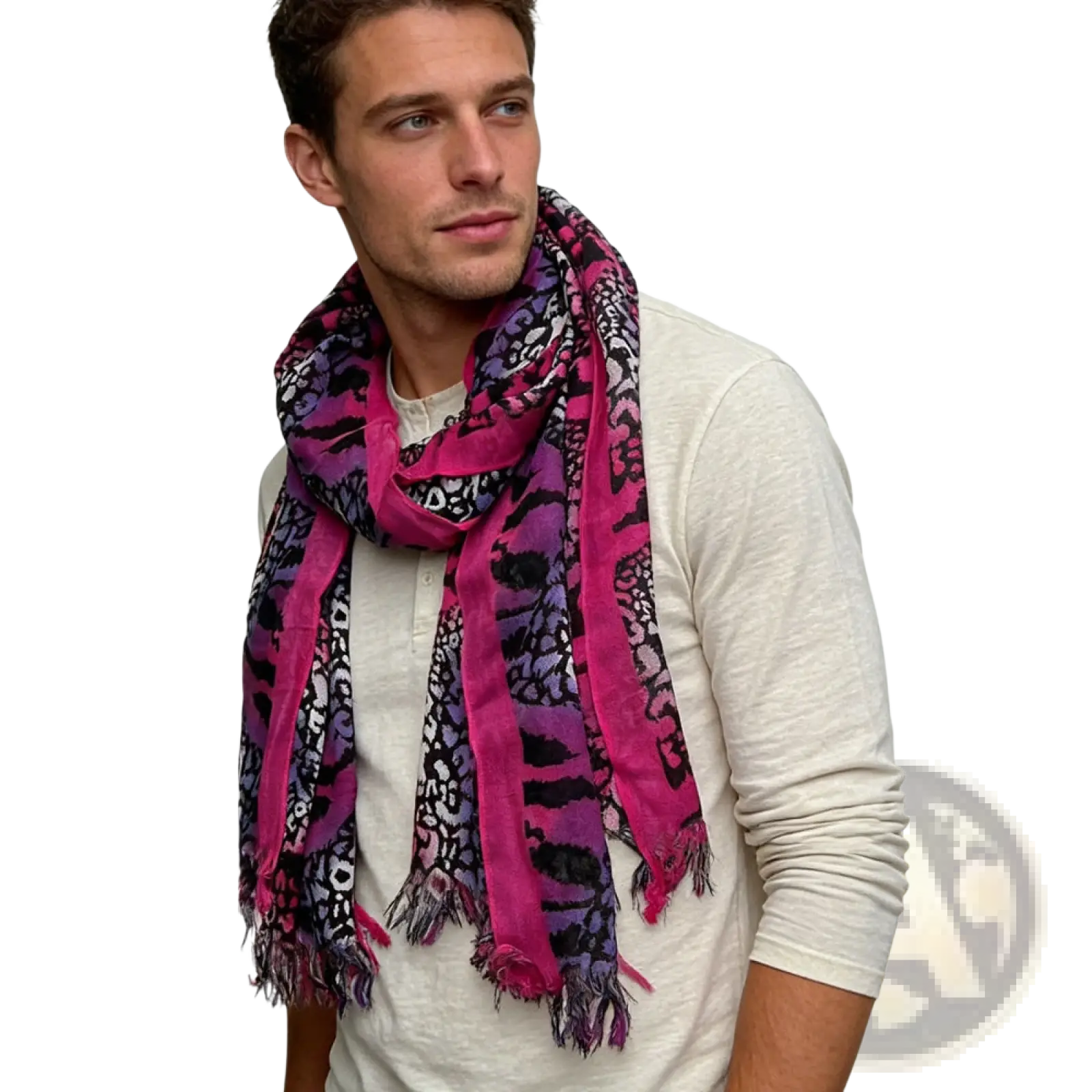 A vibrant hot pink leopard print viscose scarf with purple pattern and frayed edges, extra long for versatile wear