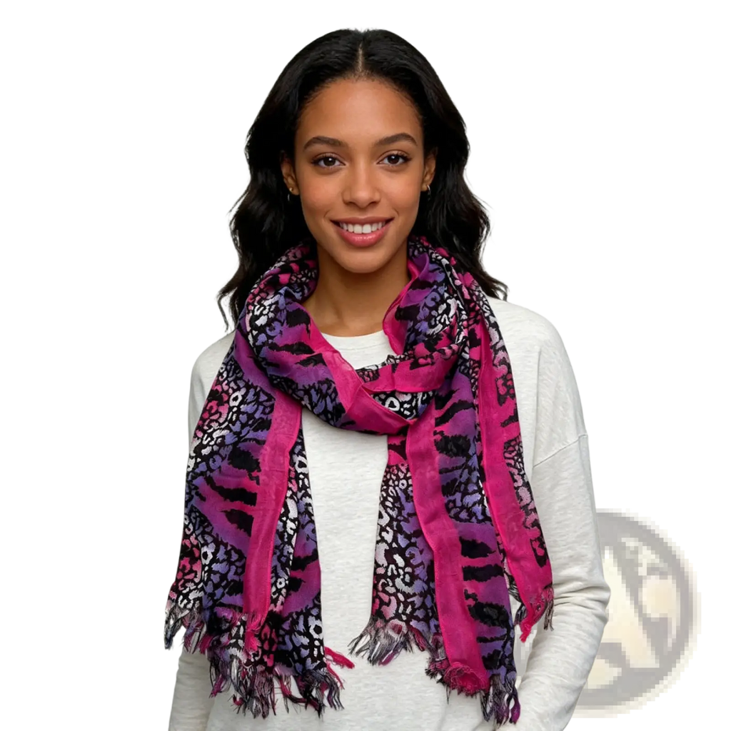 A vibrant hot pink leopard print viscose scarf with purple patterns and frayed edges extra long design