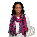 A vibrant hot pink leopard print viscose scarf with purple patterns and frayed edges extra long design