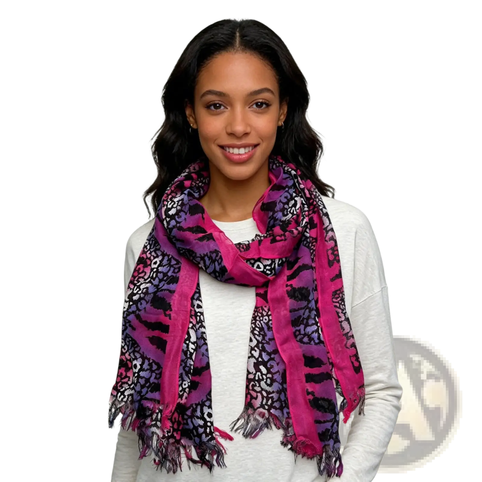 A vibrant hot pink leopard print viscose scarf with purple patterns and frayed edges extra long design