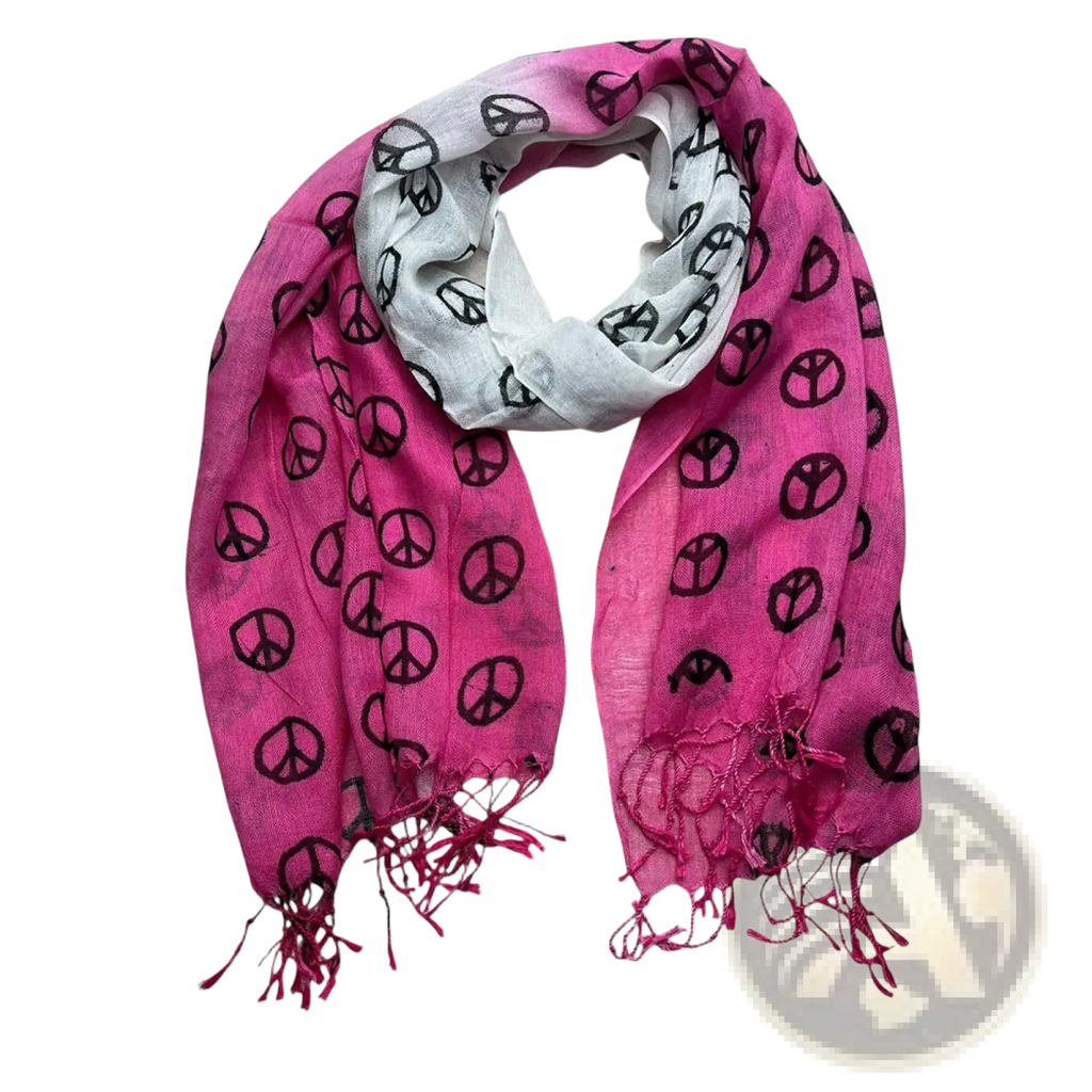 Hot pink peace print viscose scarf with vibrant black peace symbols and fringed edges in pink and white colors