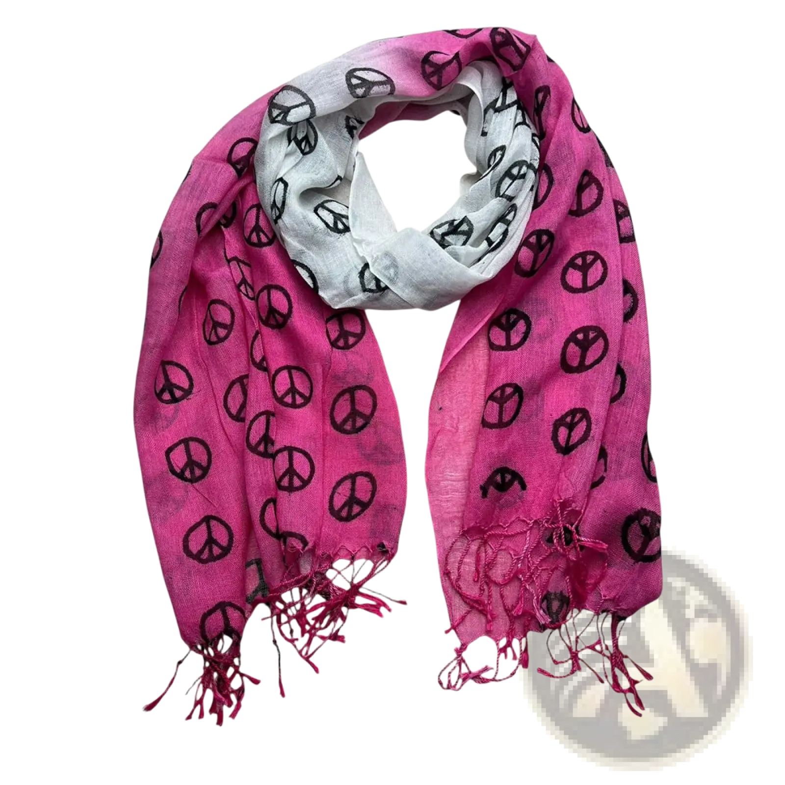 Hot pink peace print viscose scarf with vibrant black peace symbols and fringed edges in pink and white colors