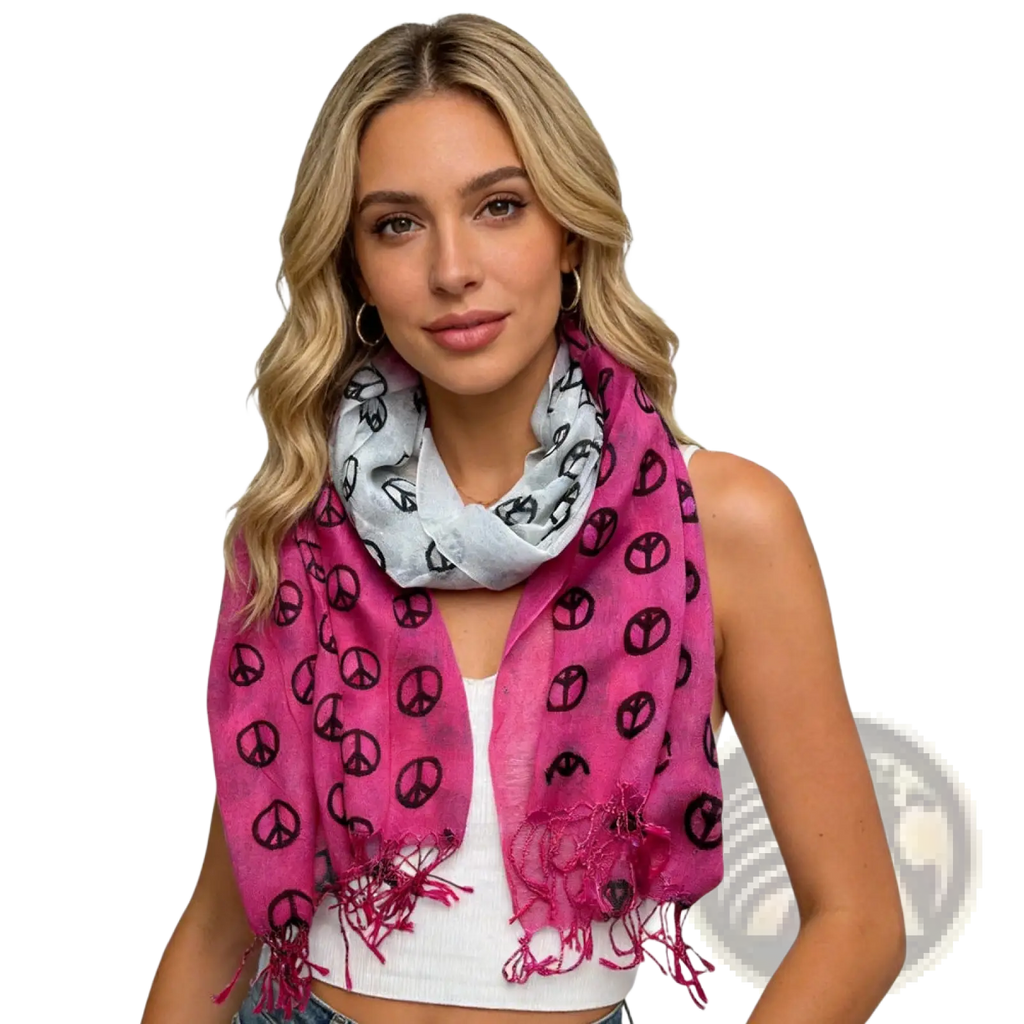A vibrant hot pink and light gray viscose infinity scarf with black peace symbol prints and fringed edges