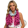 A vibrant hot pink and light gray viscose infinity scarf with black peace symbol prints and fringed edges