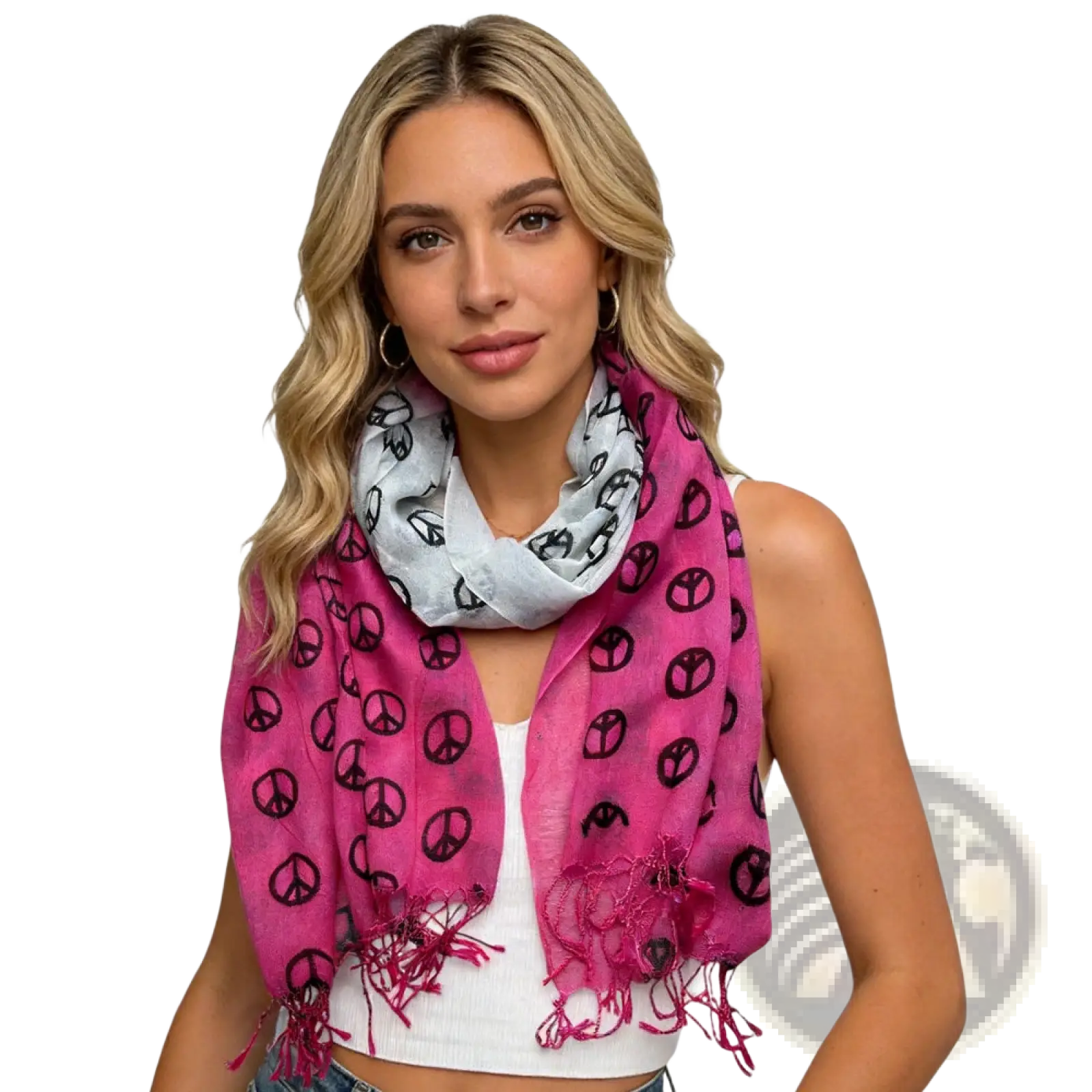 A vibrant hot pink and light gray viscose infinity scarf with black peace symbol prints and fringed edges