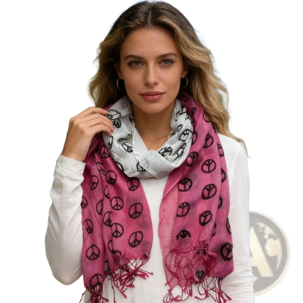 Hot pink peace print viscose scarf with black peace symbol prints in pink and white featuring fringed edges
