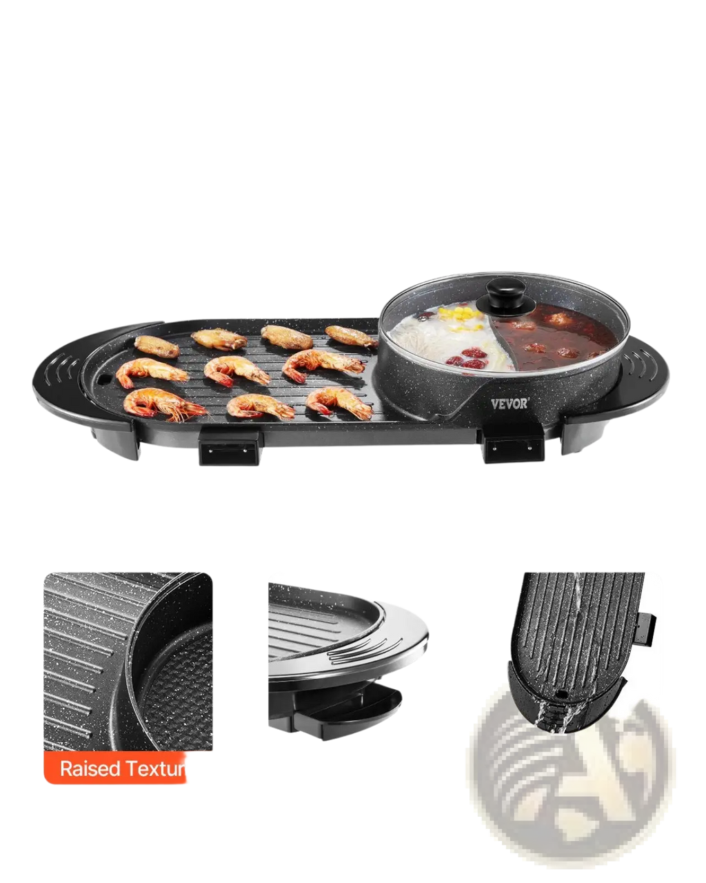 Black hot pot with grill electric griddle featuring a speckled non-stick coating and dual cooking zones 2200w smokeless design