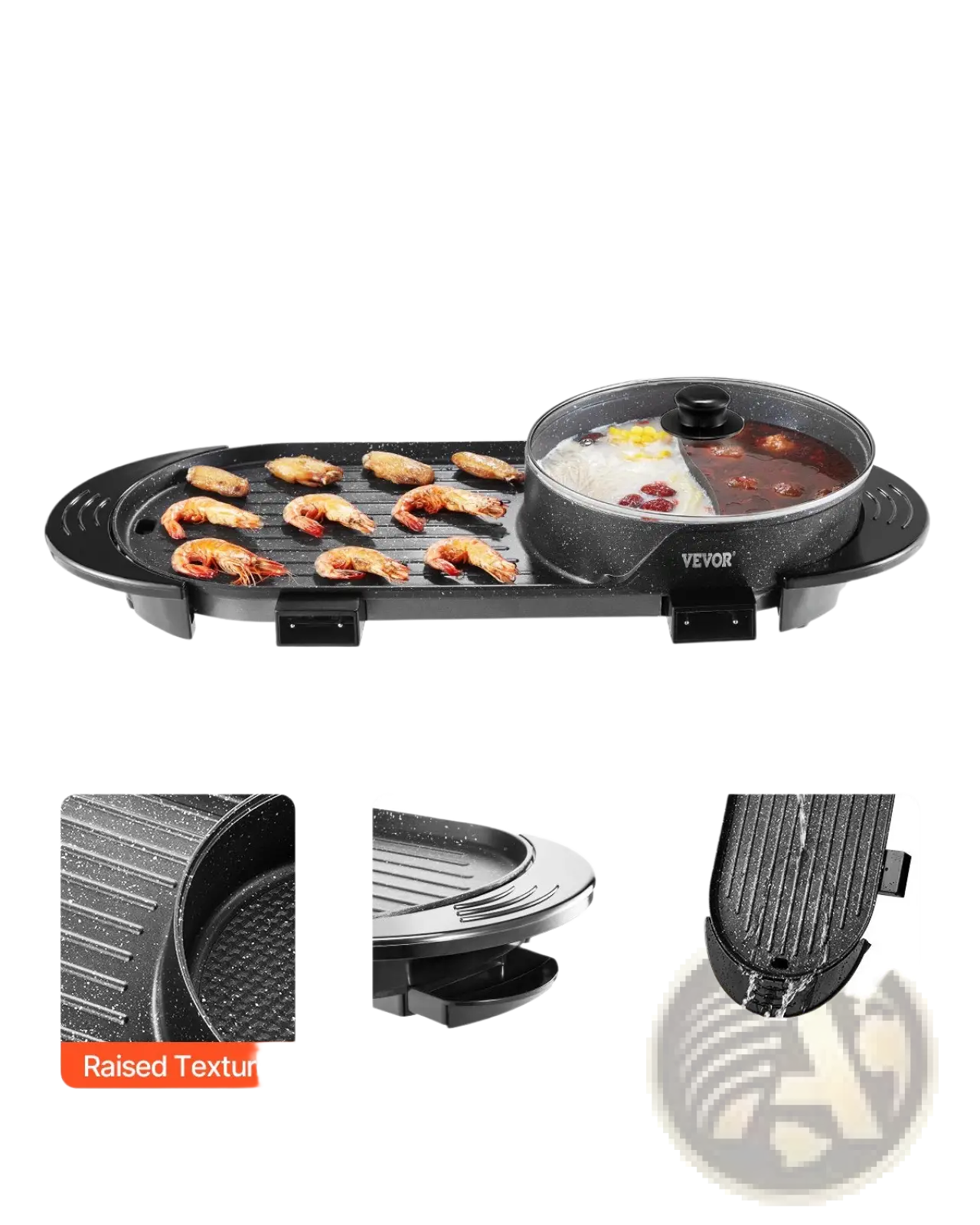 Black hot pot with grill electric griddle featuring a speckled non-stick coating and dual cooking zones 2200w smokeless design