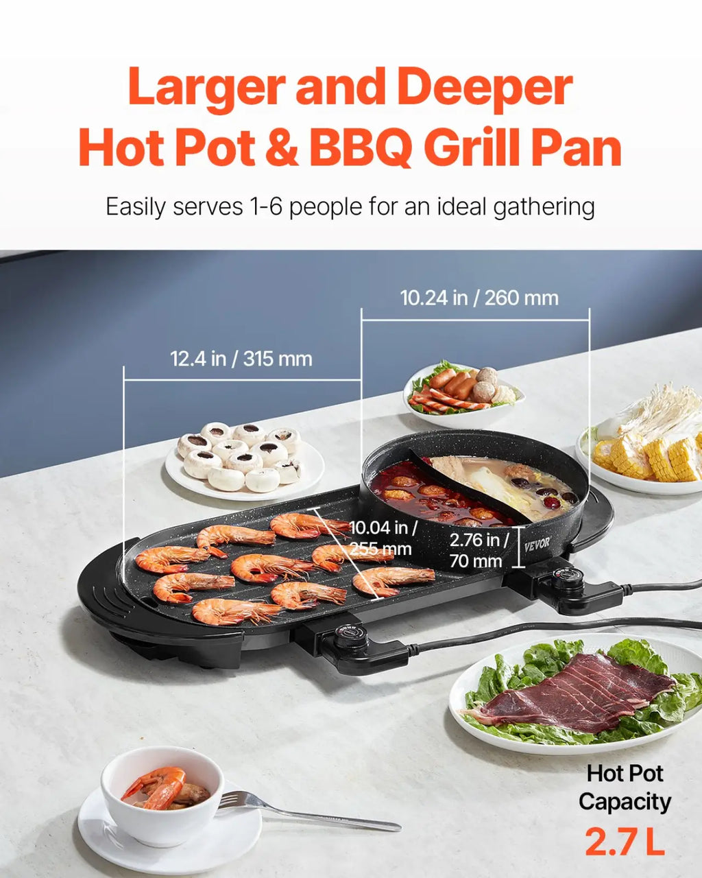 Black electric hot pot with grill 2200w smokeless divided cooking surface for simmering broth and grilling shrimp