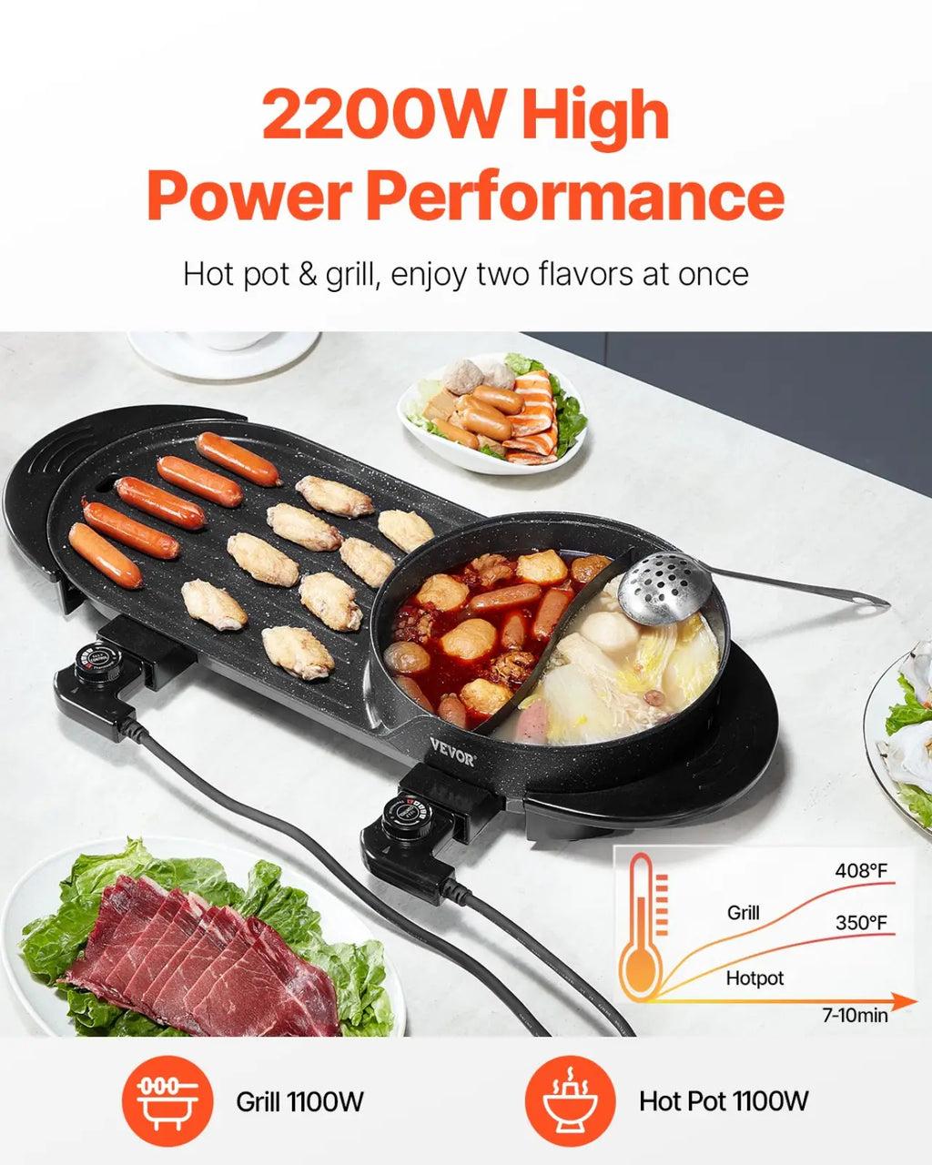 Black electric hot pot with grill 2200w smokeless griddle featuring divided surface for grilling and simmering broth