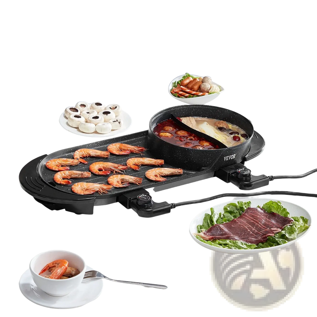 Black speckled 2200w electric hot pot with grill featuring dual cooking zones and integrated smokeless griddle surface