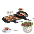 Black speckled 2200w electric hot pot with grill featuring dual cooking zones and integrated smokeless griddle surface