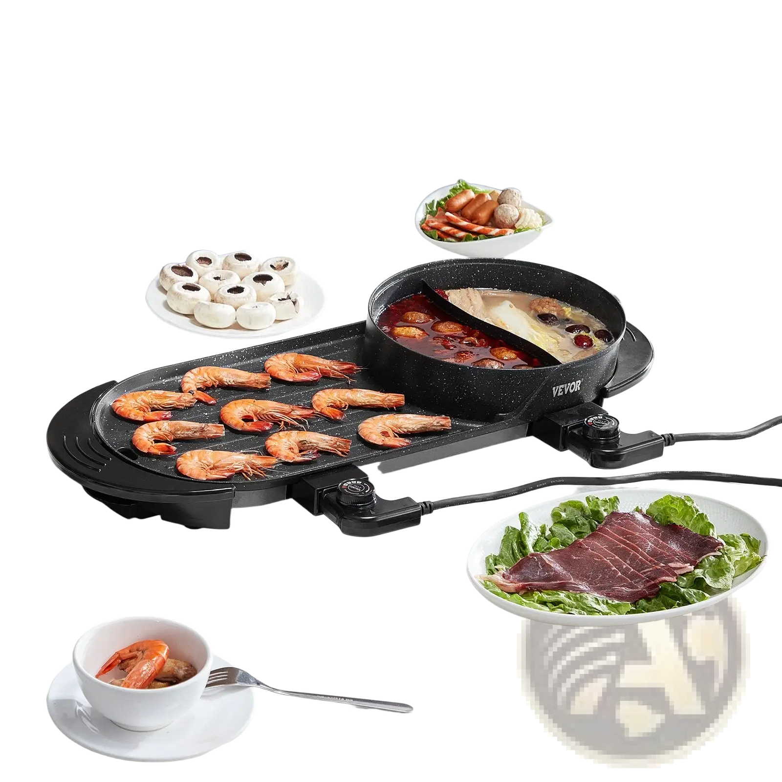 Black speckled 2200w electric hot pot with grill featuring dual cooking zones and integrated smokeless griddle surface