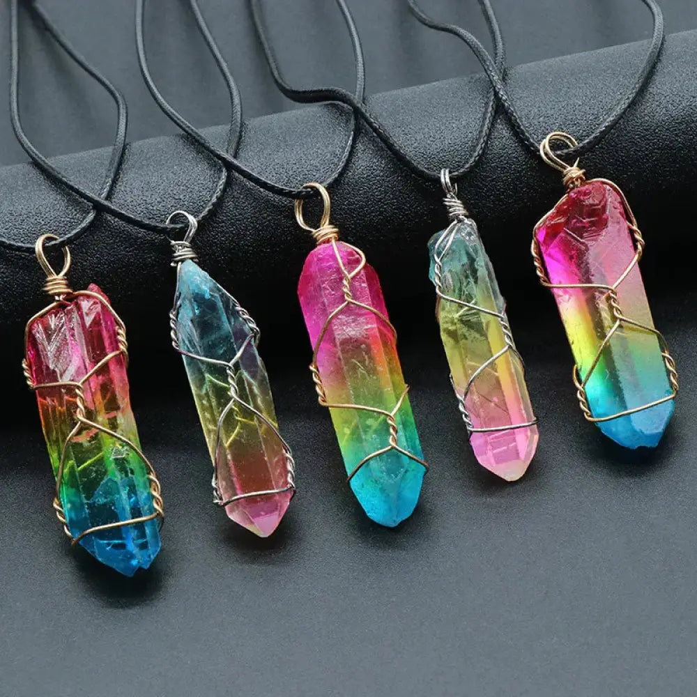 Rainbow tree of life crystal pillar pendant necklaces with rainbow-colored wire-wrapped designs and black cords