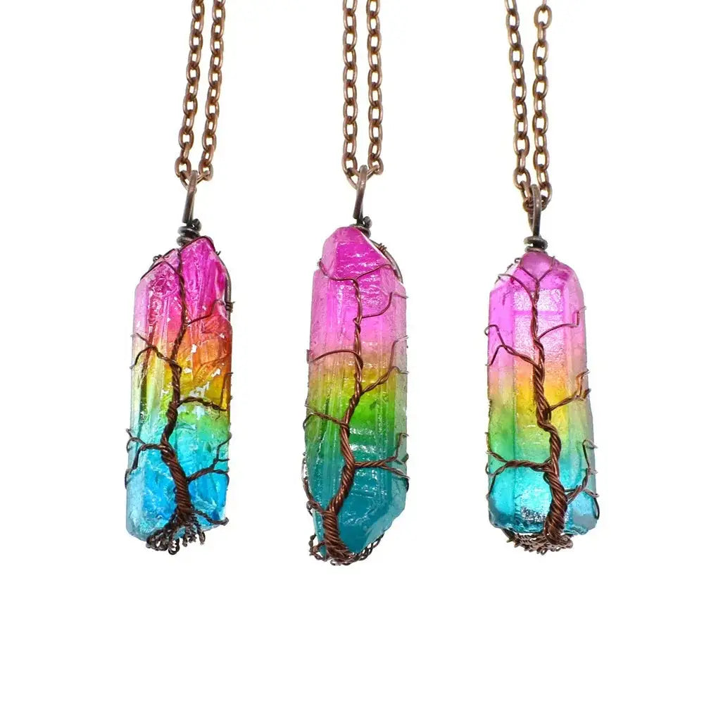 Rainbow tree of life crystal pillar pendant necklace with copper wire wrapping and bronze chain in gradient colors