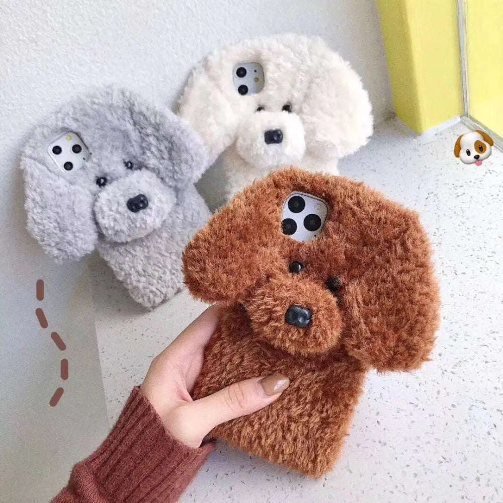 Fluffy brown 3d plush teddy dog soft phone case with black nose and eyes designed for phone protection