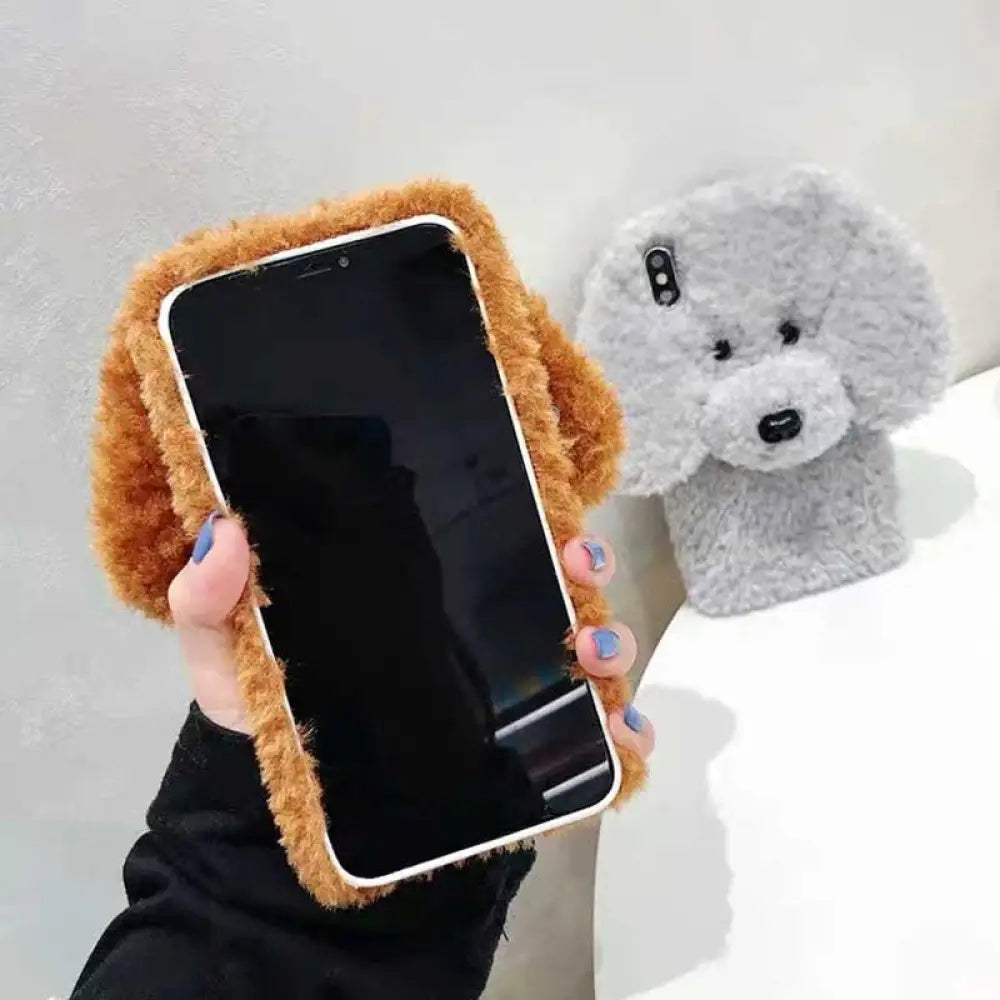 Cute brown fluffy 3d plush teddy dog phone case with soft textured material and embroidered black eyes