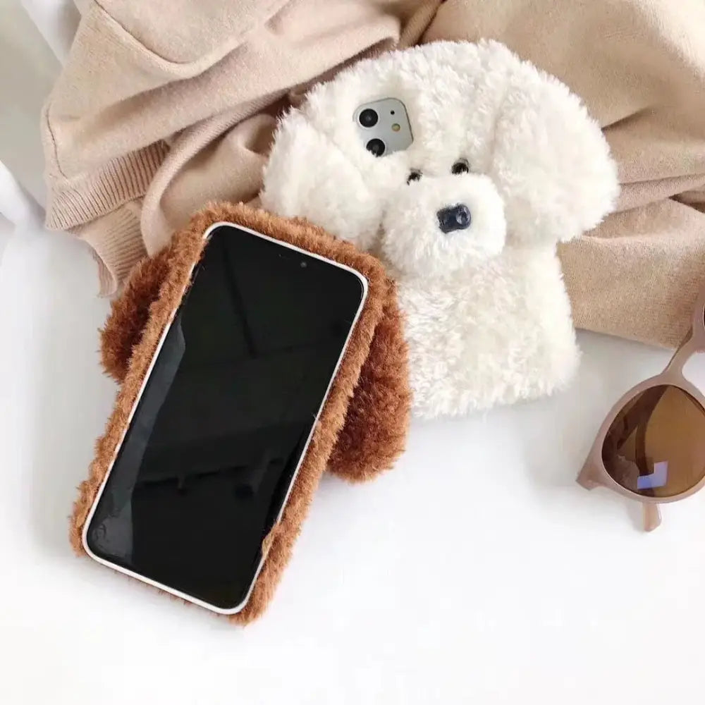White fluffy 3d plush teddy dog soft phone case with brown fuzzy ears and black button nose for smartphone protection