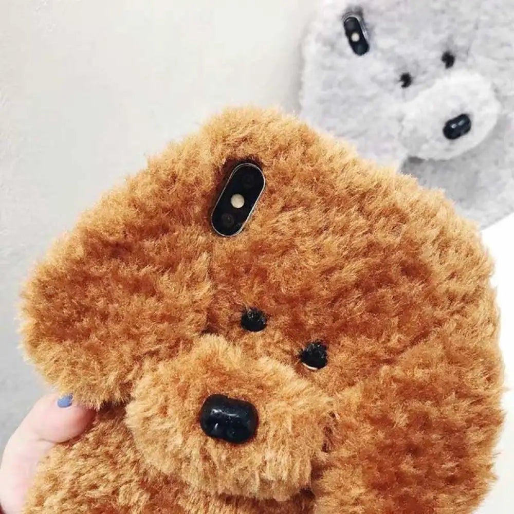 A tan-colored 3d plush teddy dog fluffy soft phone case with black button eyes and a glossy black nose