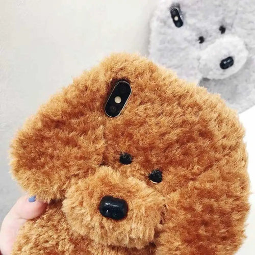 A tan-colored 3d plush teddy dog fluffy soft phone case with black button eyes and a glossy black nose