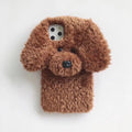 A plush brown 3d teddy dog fluffy soft phone case with floppy ears black button eyes and nose