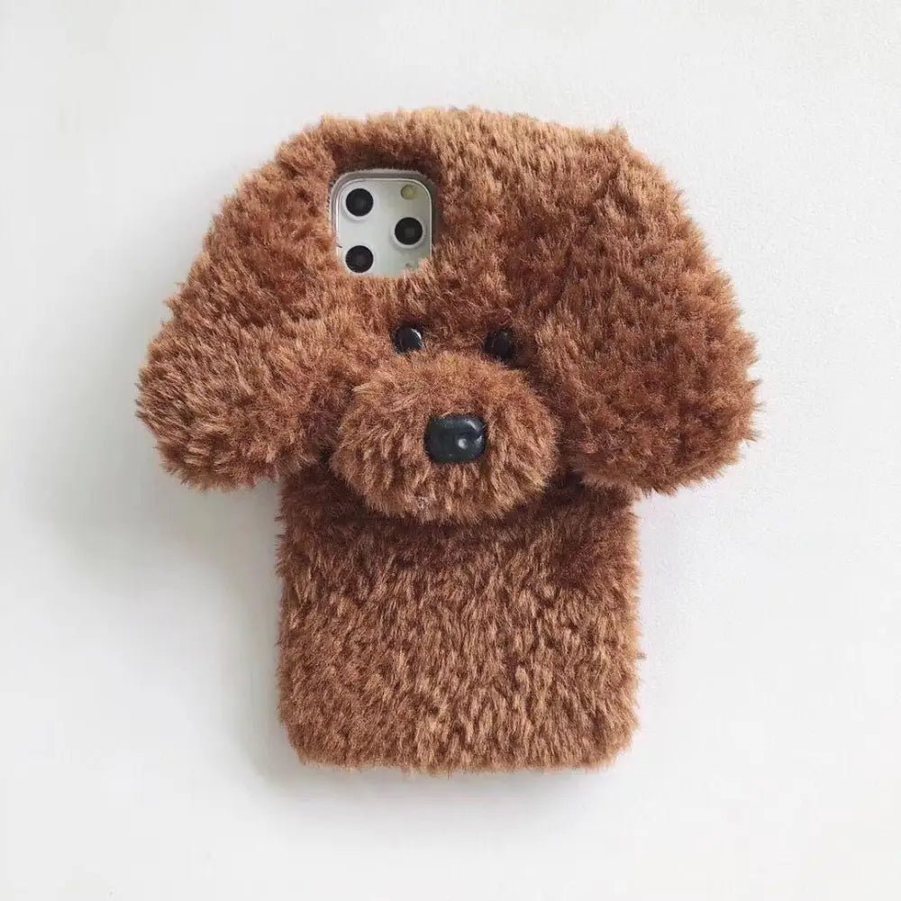 A plush brown 3d teddy dog fluffy soft phone case with floppy ears black button eyes and nose