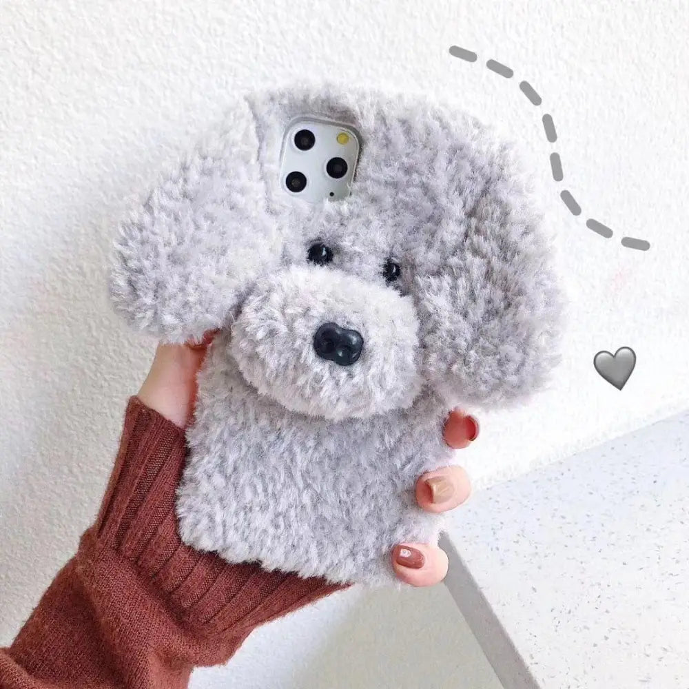 A soft fluffy gray 3d plush teddy dog phone case with black button eyes and nose made of plush material