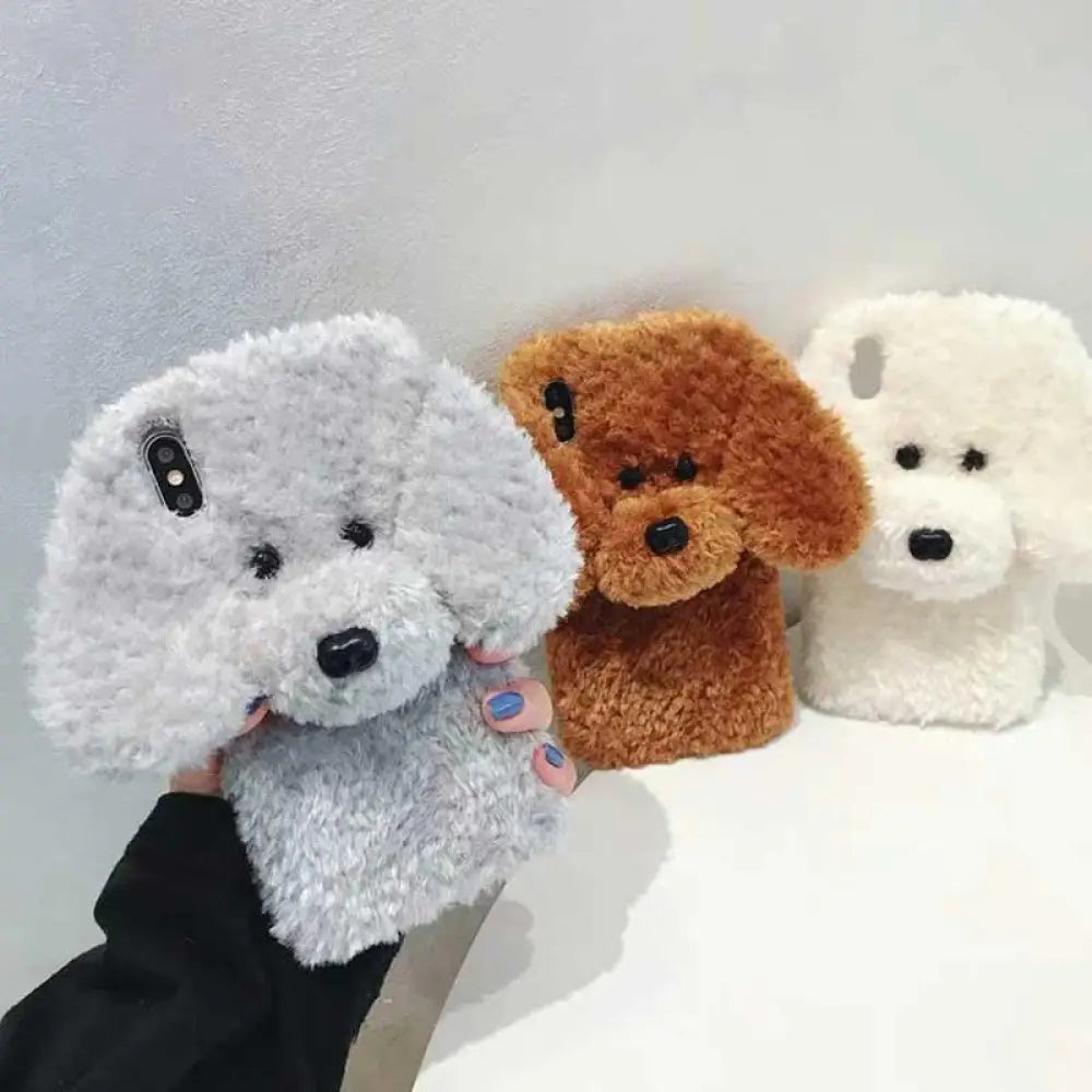 Fluffy gray 3d plush teddy dog soft phone case with black embroidered eyes and nose designed as a puppy shape