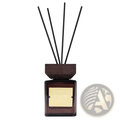 Hotel fragrance black glass reed diffuser with dark amber square base dark wood top and five black reeds