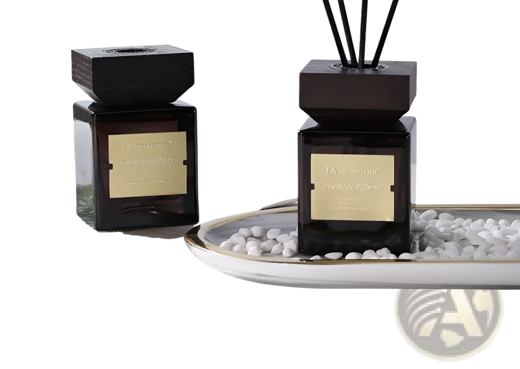 Hotel fragrance black glass reed diffuser with gold label dark wood top and slender black reeds for elegant scent display