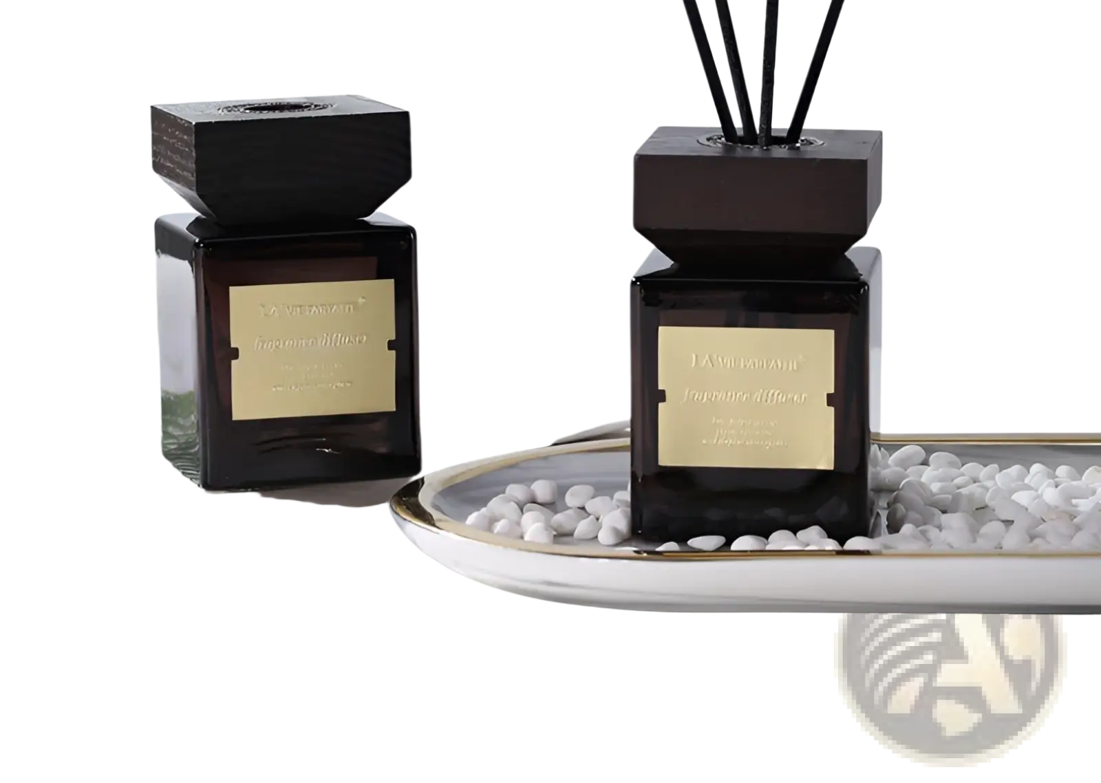 Hotel fragrance black glass reed diffuser with gold label dark wood top and slender black reeds for elegant scent display