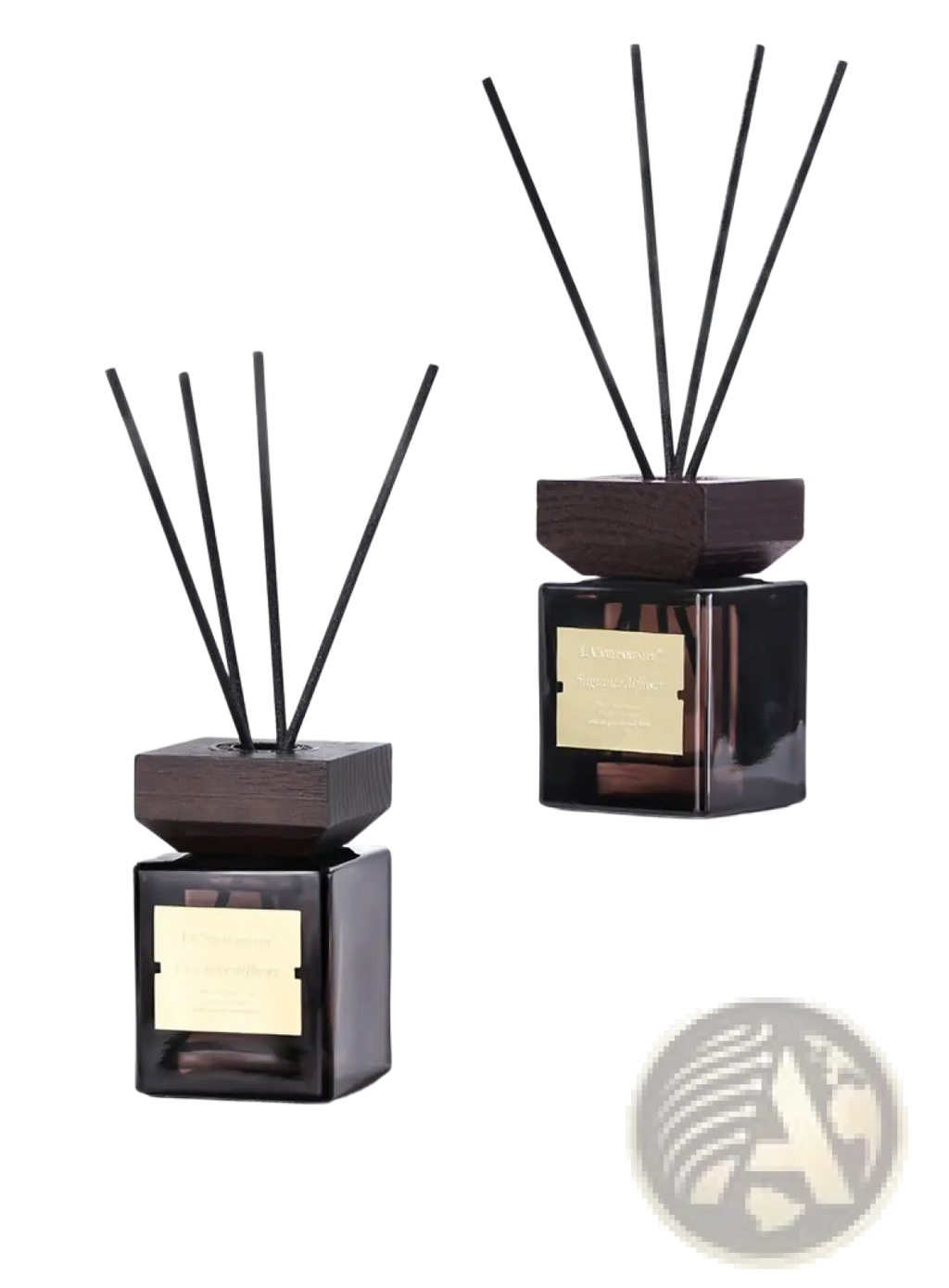 Elegant hotel fragrance black glass reed diffuser with gold label dark wood tops and slender black reeds