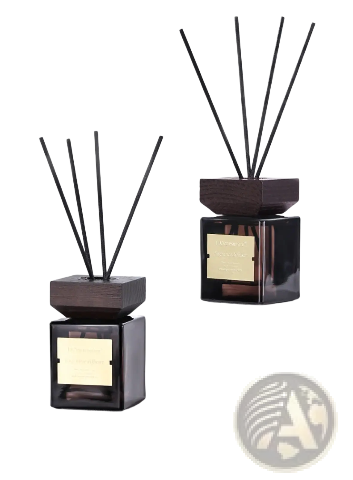 Elegant hotel fragrance black glass reed diffuser with gold label dark wood tops and slender black reeds
