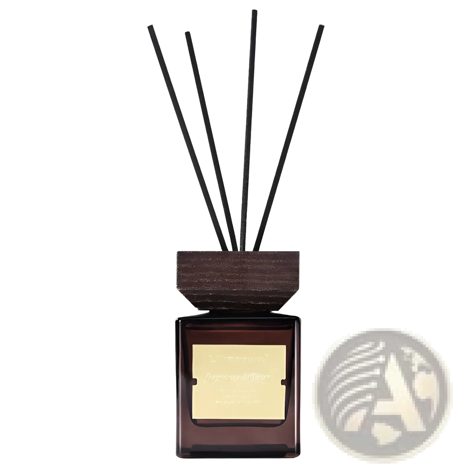 Hotel Fragrance black glass reed diffuser with dark amber glass, square base, dark wood top, and five black reeds