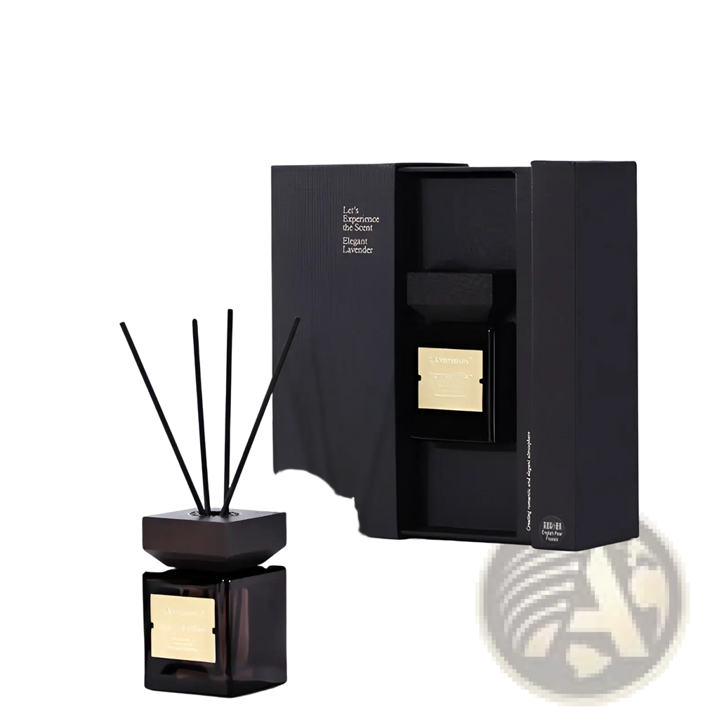 Hotel fragrance black glass reed diffuser with gold label and five black reeds in a geometric base