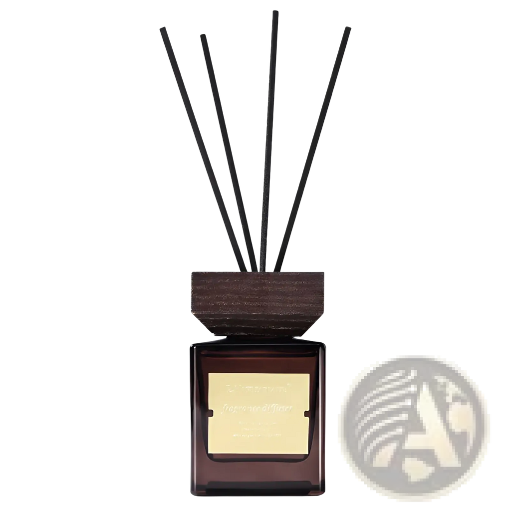 Hotel fragrance black glass reed diffuser in dark amber with square base, dark wood top, and five black reeds
