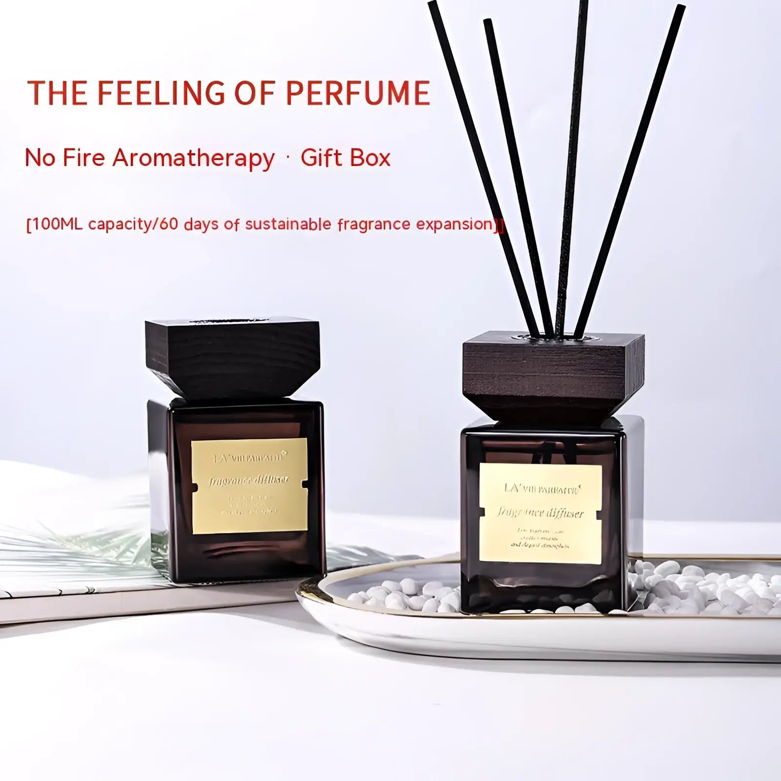 Hotel fragrance black glass reed diffuser with black wooden top dark glass bottle and gold label