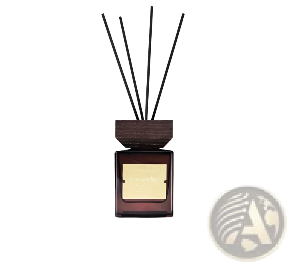 Hotel fragrance black glass reed diffuser with dark wood base amber glass bottle and black reed sticks for home scenting