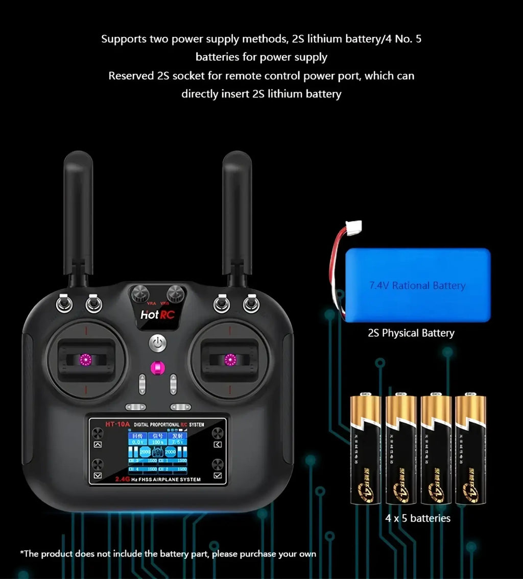 Black hotrc ht 10a 10ch digital proportional rc transmitter with two antennas, flight data screen, and pink illuminated buttons