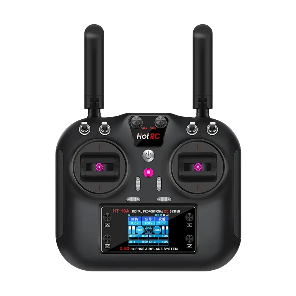 Black Hotrc ht 10a 10ch digital proportional rc transmitter with two antennas, central screen, and pink illuminated buttons