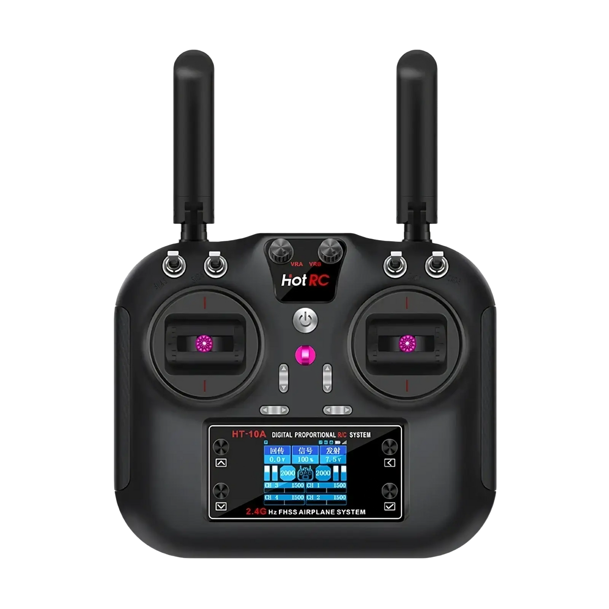 Black Hotrc ht 10a 10ch digital proportional rc transmitter with two antennas, central screen, and pink illuminated buttons