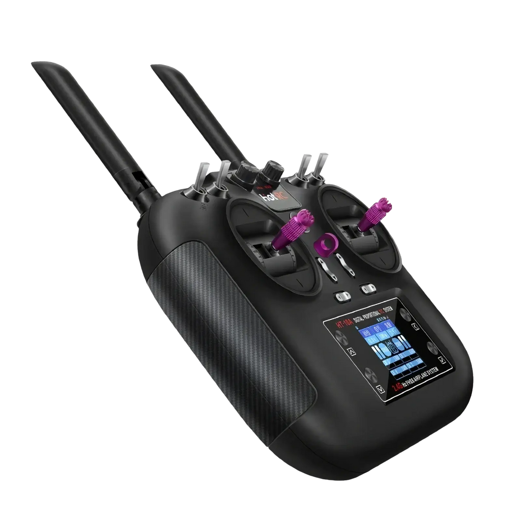 Hotrc ht 10a 10ch transmitter with f 10a receiver black carbon-fiber textured remote control with purple knobs and dual antennas